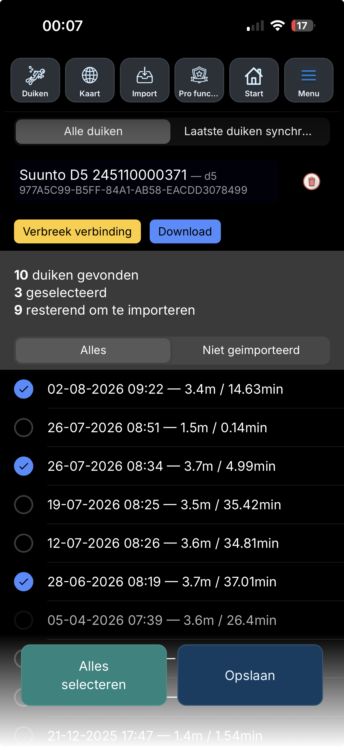 Dive computer import screen